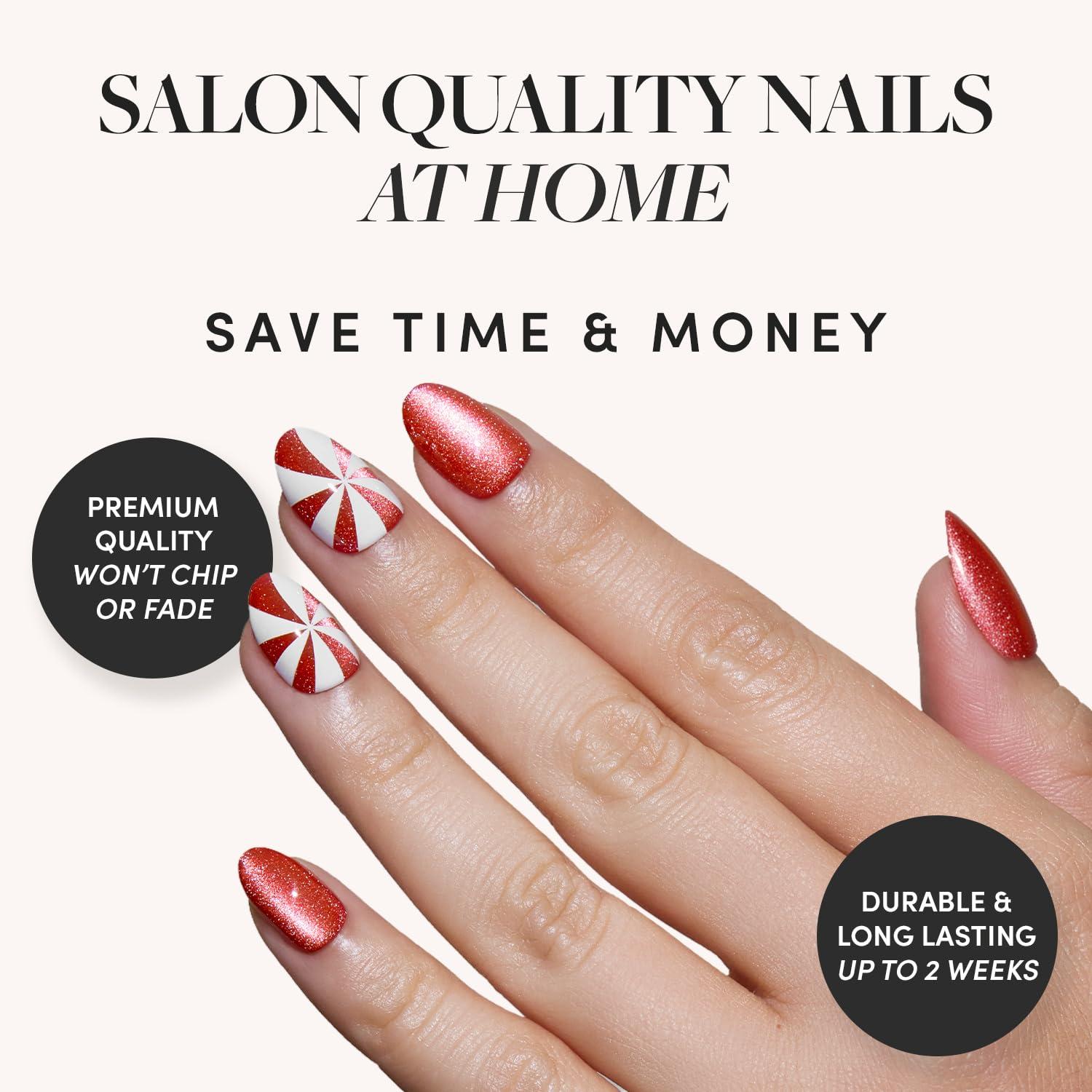 imageGlamnetic Press On Nails Cutie Pine Medium Almond Fake Nails in Deep Evergreen with a Pearl Chrome Finish Salon Quality Holiday Winter Nails 15 Sizes 30 Nail Kit with GlueCandy Crush