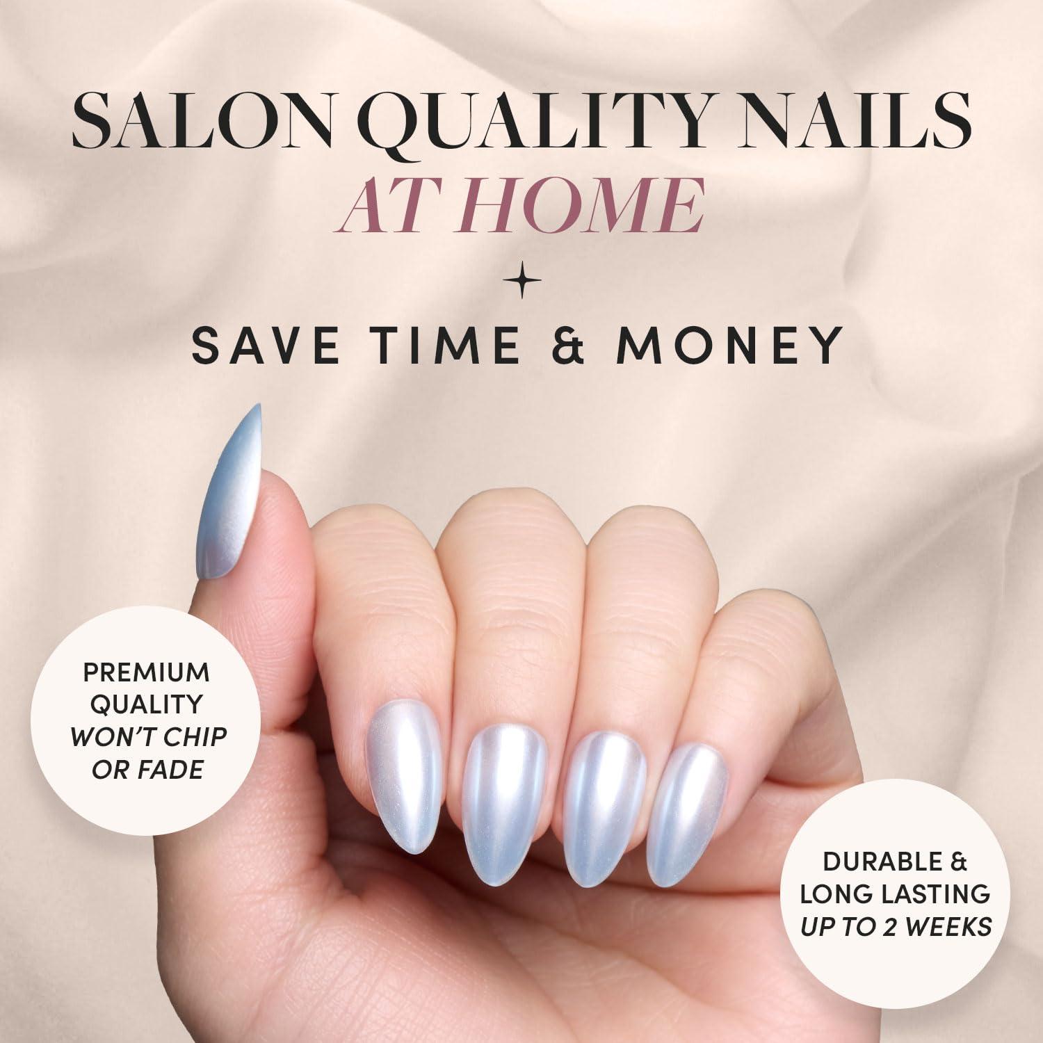 imageGlamnetic Press On Nails Cutie Pine Medium Almond Fake Nails in Deep Evergreen with a Pearl Chrome Finish Salon Quality Holiday Winter Nails 15 Sizes 30 Nail Kit with GlueSomething Blue