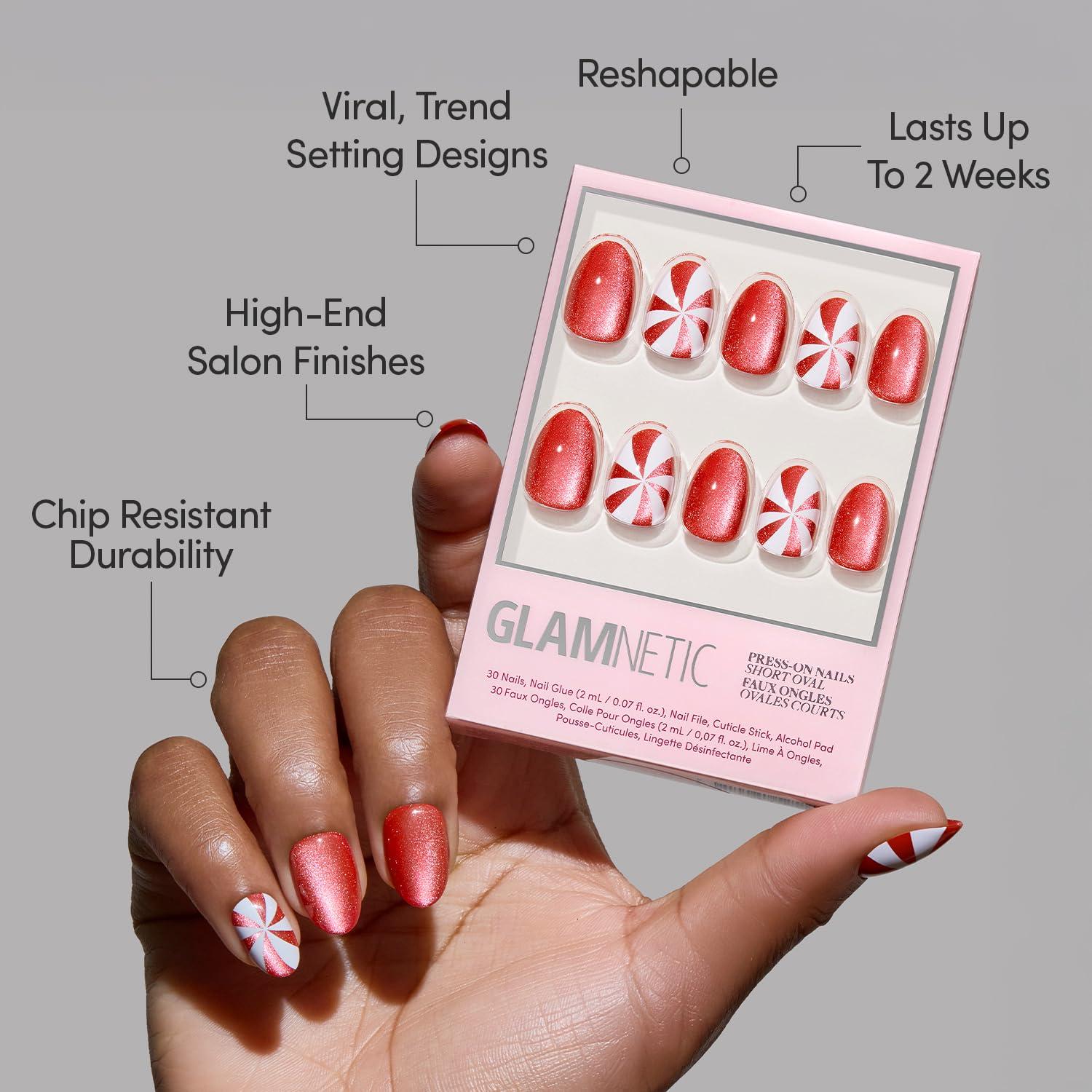 imageGlamnetic Press On Nails Cutie Pine Medium Almond Fake Nails in Deep Evergreen with a Pearl Chrome Finish Salon Quality Holiday Winter Nails 15 Sizes 30 Nail Kit with GlueCandy Crush
