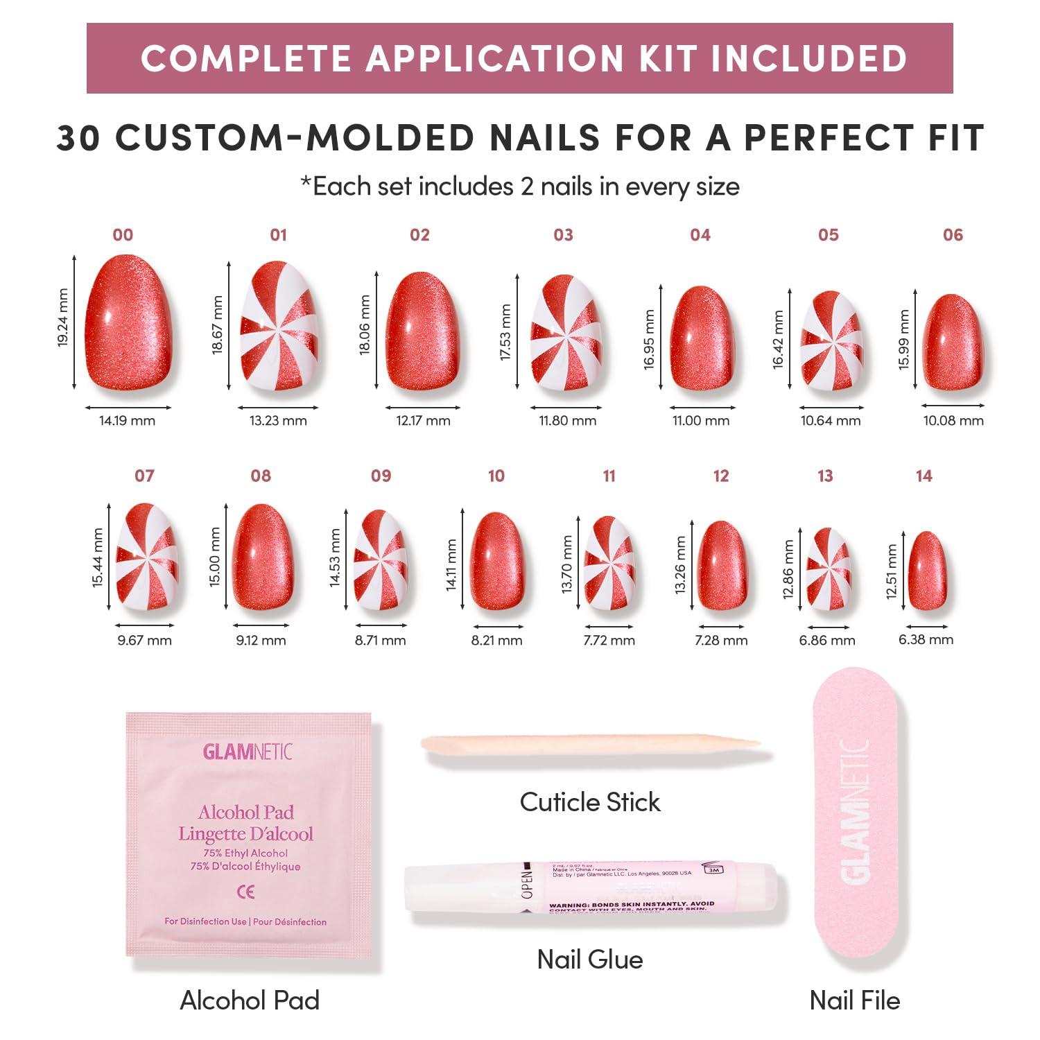 imageGlamnetic Press On Nails Cutie Pine Medium Almond Fake Nails in Deep Evergreen with a Pearl Chrome Finish Salon Quality Holiday Winter Nails 15 Sizes 30 Nail Kit with GlueCandy Crush