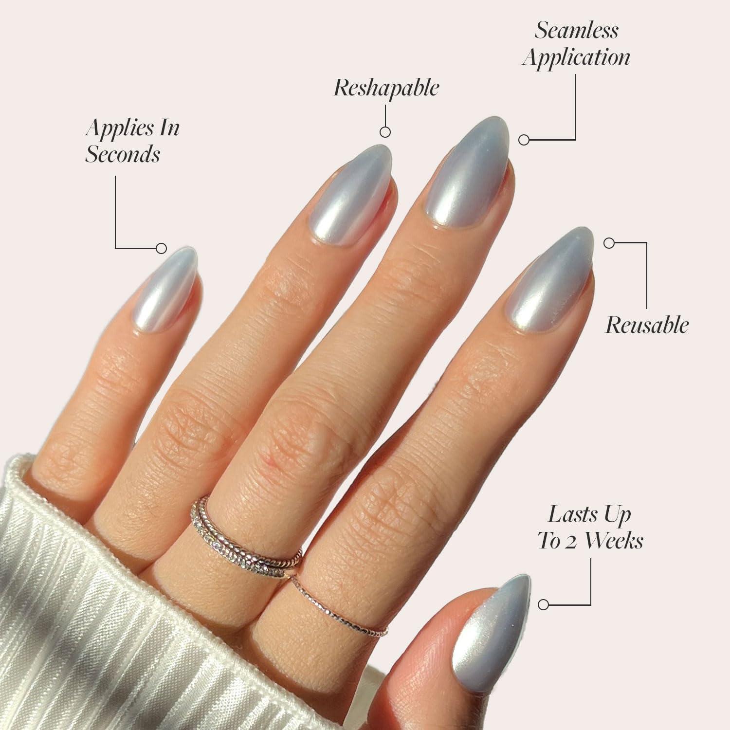 imageGlamnetic Press On Nails Cutie Pine Medium Almond Fake Nails in Deep Evergreen with a Pearl Chrome Finish Salon Quality Holiday Winter Nails 15 Sizes 30 Nail Kit with GlueSomething Blue