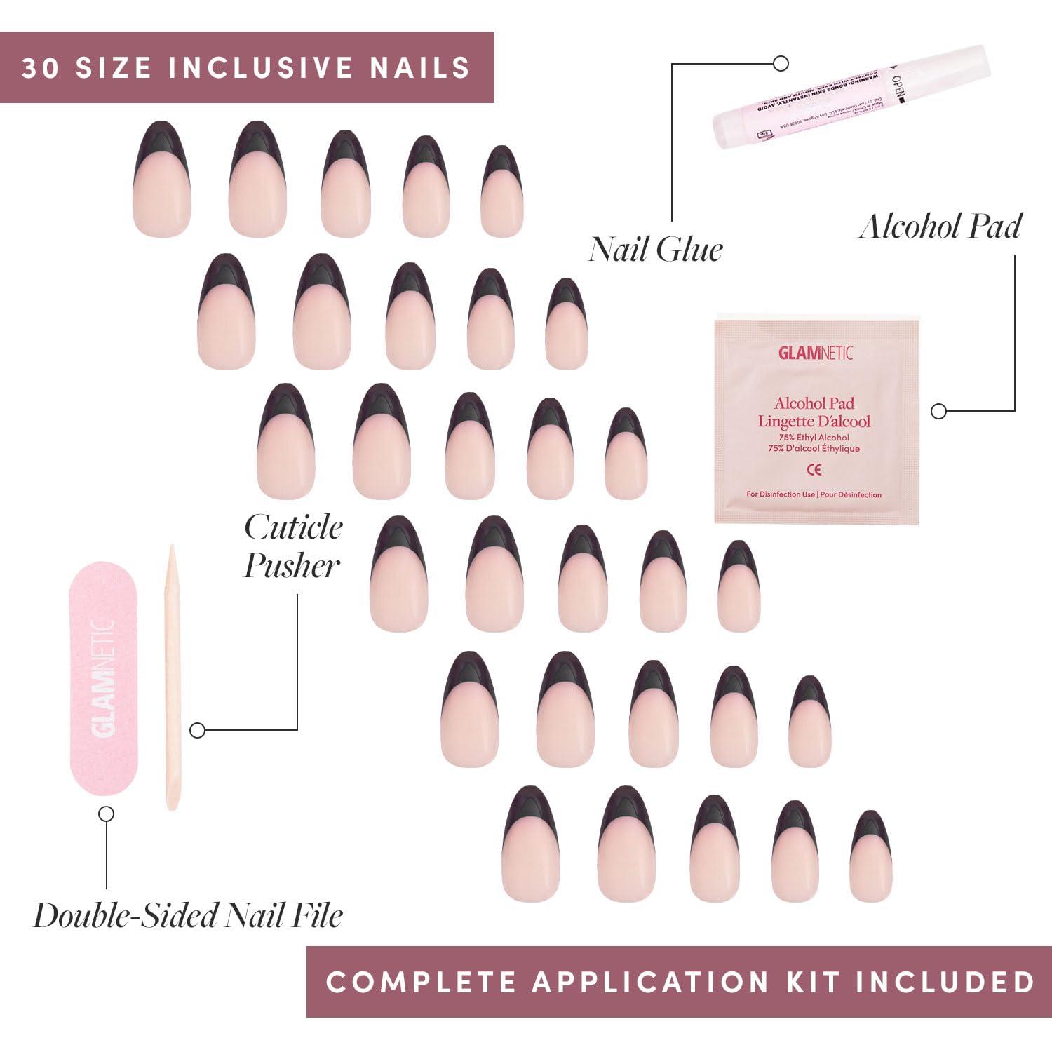 imageGlamnetic PressOn Nails Caviar Super Strong Brush On Nail Glue ampamp PressOn Nail Remover SemiTransparent Nails with Black French Tips Short Almond Shape Reusable Nail Kit with Glue ampamp Remover
