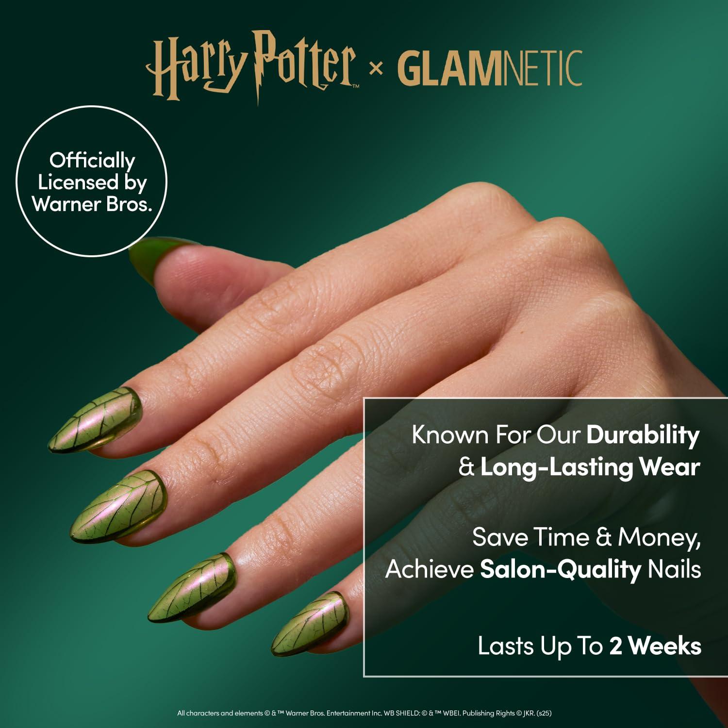 imageHarry Potter x Glamnetic Press On Nails Golden Cup SemiTransparent Brown 3D Gold Graphic Short Almond Nails in a Chrome ampamp Glossy Finish 15 Sizes 30 Nail Kit with Glue9 Mandrake