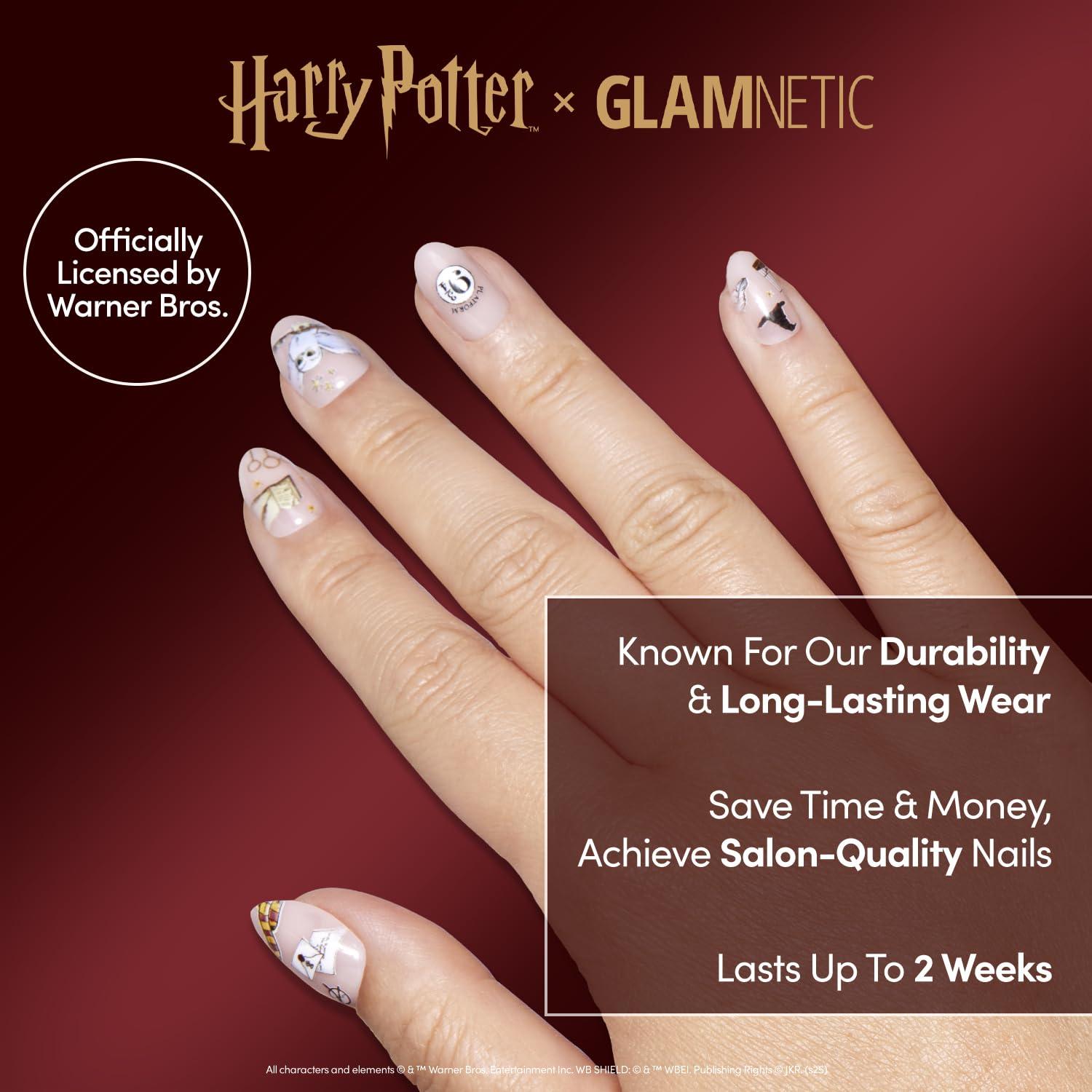 imageHarry Potter x Glamnetic Press On Nails Hufflepuff Gold Foil French Tip 3D Graphic Short Almond Nails in a Chrome ampamp Glossy Finish 15 Sizes 30 Nail Kit with GlueHogwarts