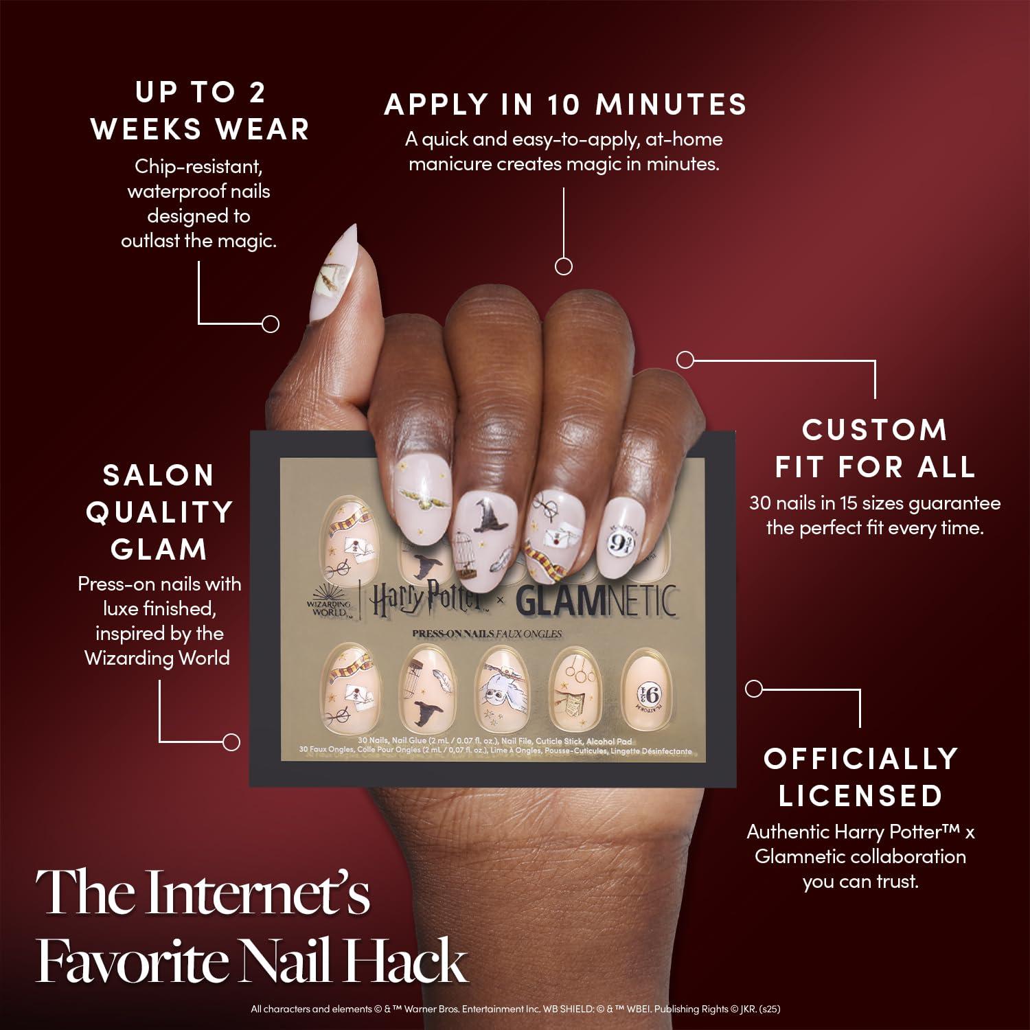 imageHarry Potter x Glamnetic Press On Nails Hufflepuff Gold Foil French Tip 3D Graphic Short Almond Nails in a Chrome ampamp Glossy Finish 15 Sizes 30 Nail Kit with GlueHogwarts