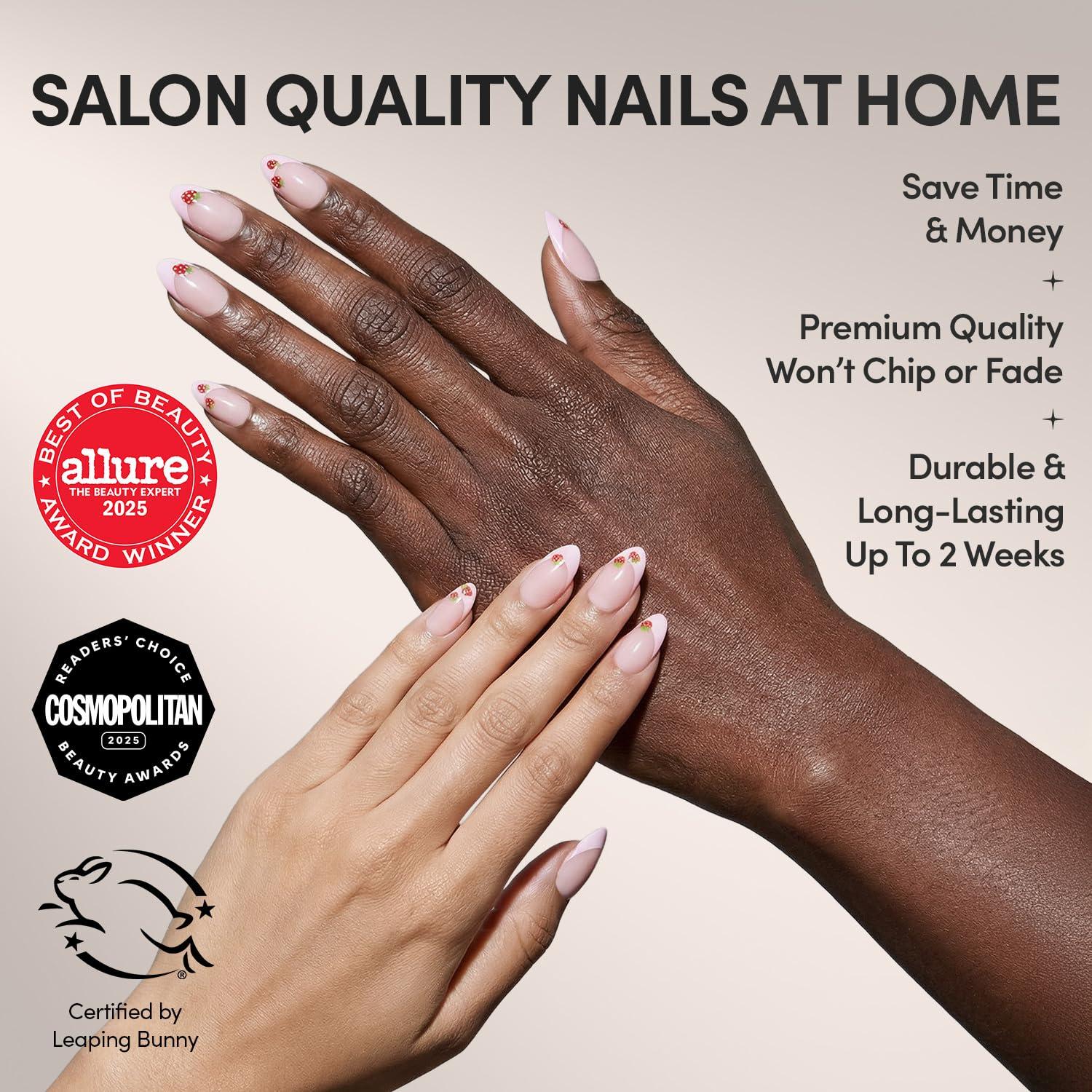 imageGlamnetic Press On Nails Cherry Bow Medium Almond Fake Nails with Pink French Tips Lace Trim amp 3D Cherry Accents in Glossy Finish Salon Quality 15 Sizes 30 Nail Kit with Glue8 Strawberry Bits