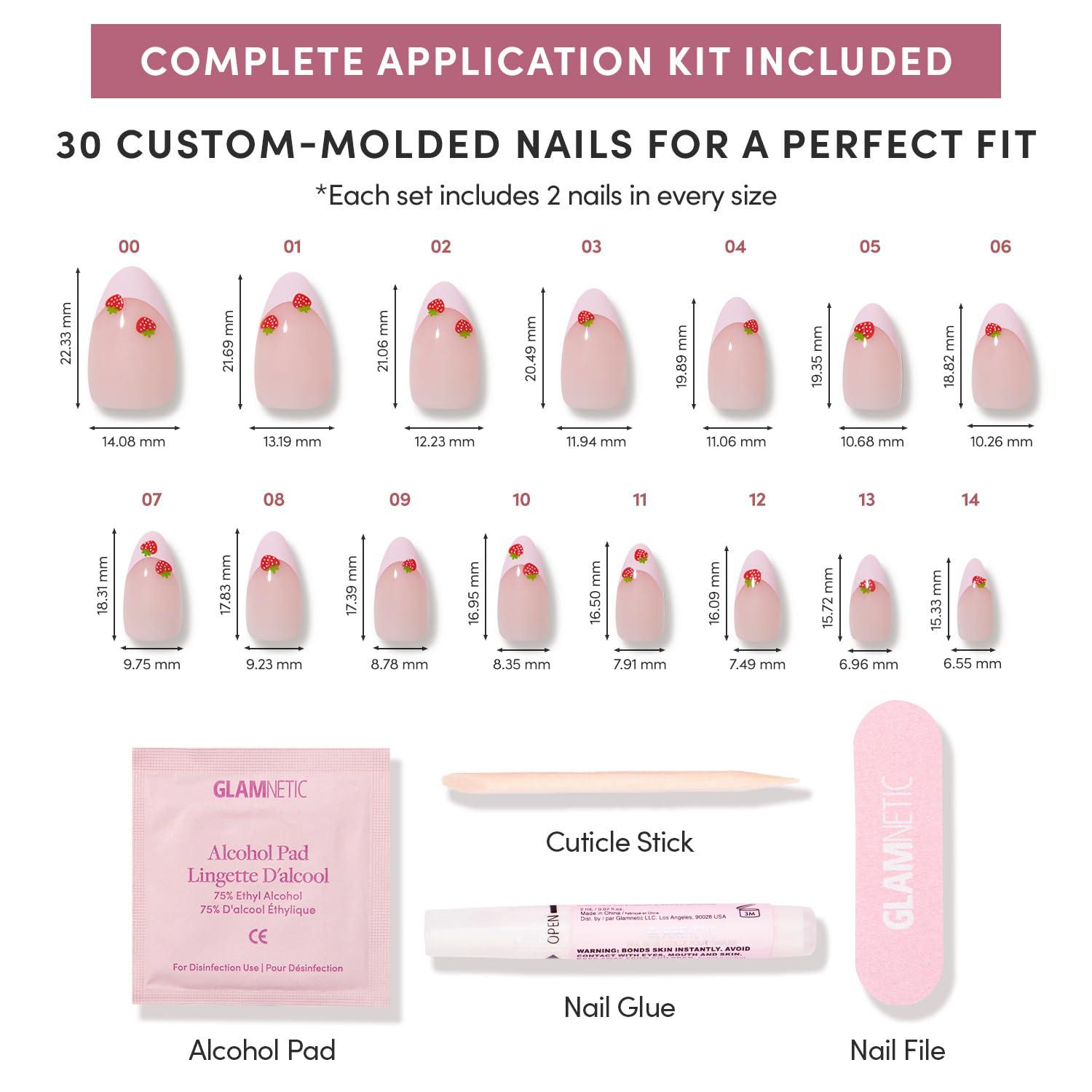 imageGlamnetic Press On Nails Cherry Bow Medium Almond Fake Nails with Pink French Tips Lace Trim amp 3D Cherry Accents in Glossy Finish Salon Quality 15 Sizes 30 Nail Kit with Glue8 Strawberry Bits