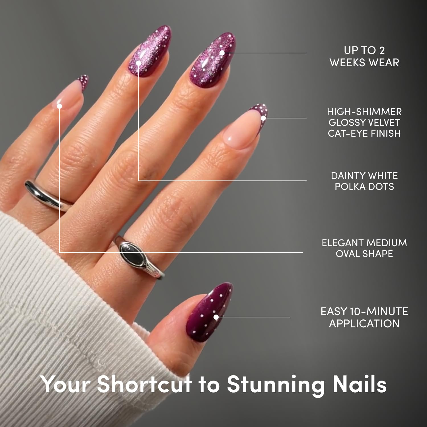 image:imageGlamnetic Press On Nails Short Oval Glazed Fake Nails 30 Pc Full KitDotted Mulberry Polka Dot French Tip