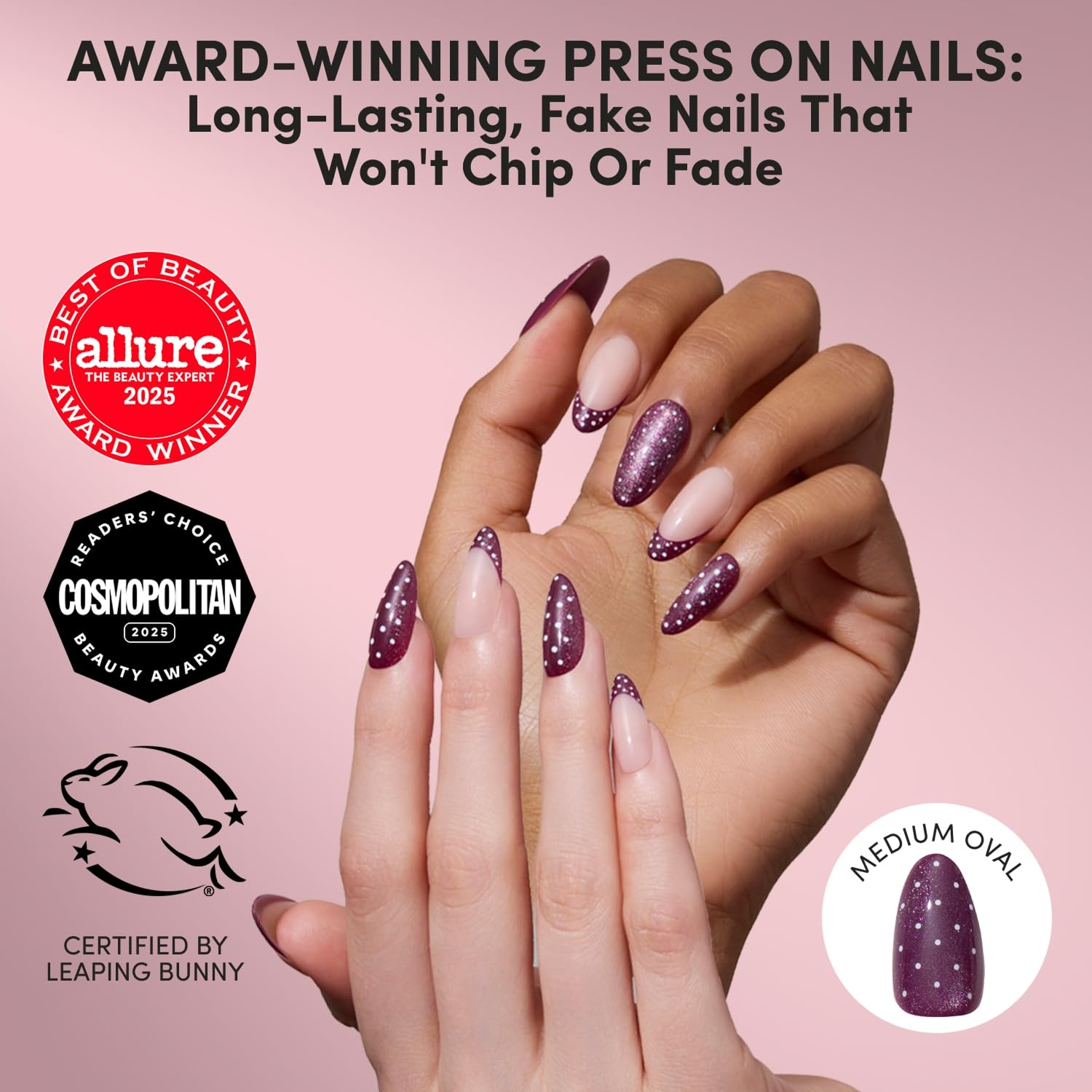 image:imageGlamnetic Press On Nails Short Oval Glazed Fake Nails 30 Pc Full KitDotted Mulberry Polka Dot French Tip