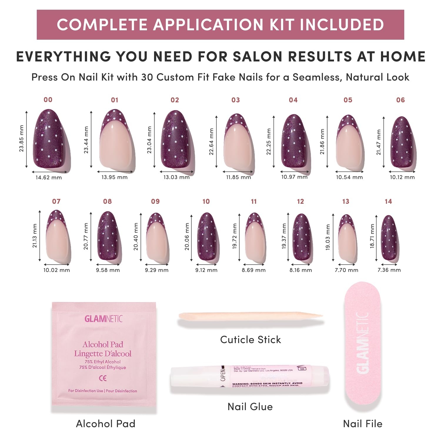 image:imageGlamnetic Press On Nails Short Oval Glazed Fake Nails 30 Pc Full KitDotted Mulberry Polka Dot French Tip