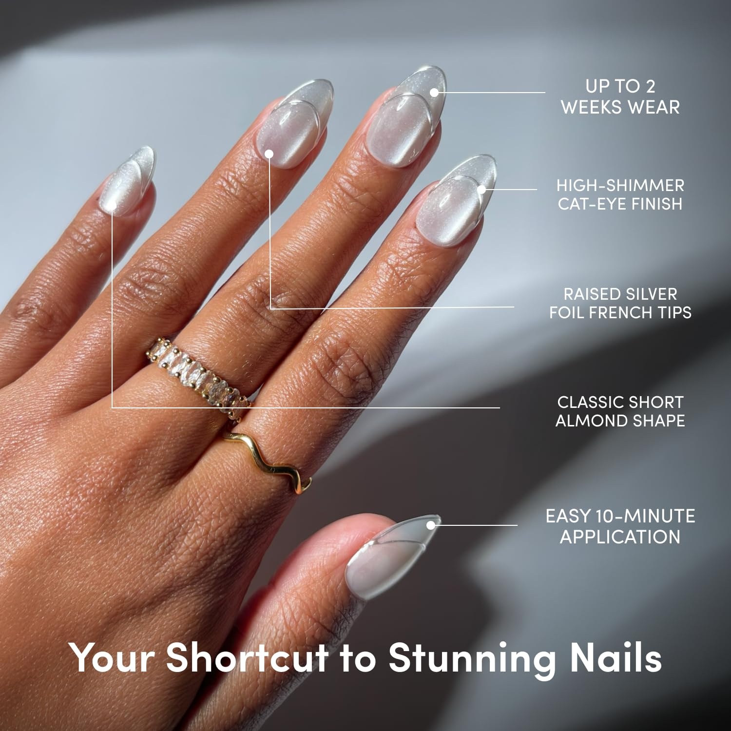 image:imageGlamnetic Press On Nails Short Oval Glazed Fake Nails 30 Pc Full KitHeavenly Metal Silver Foil French Tip