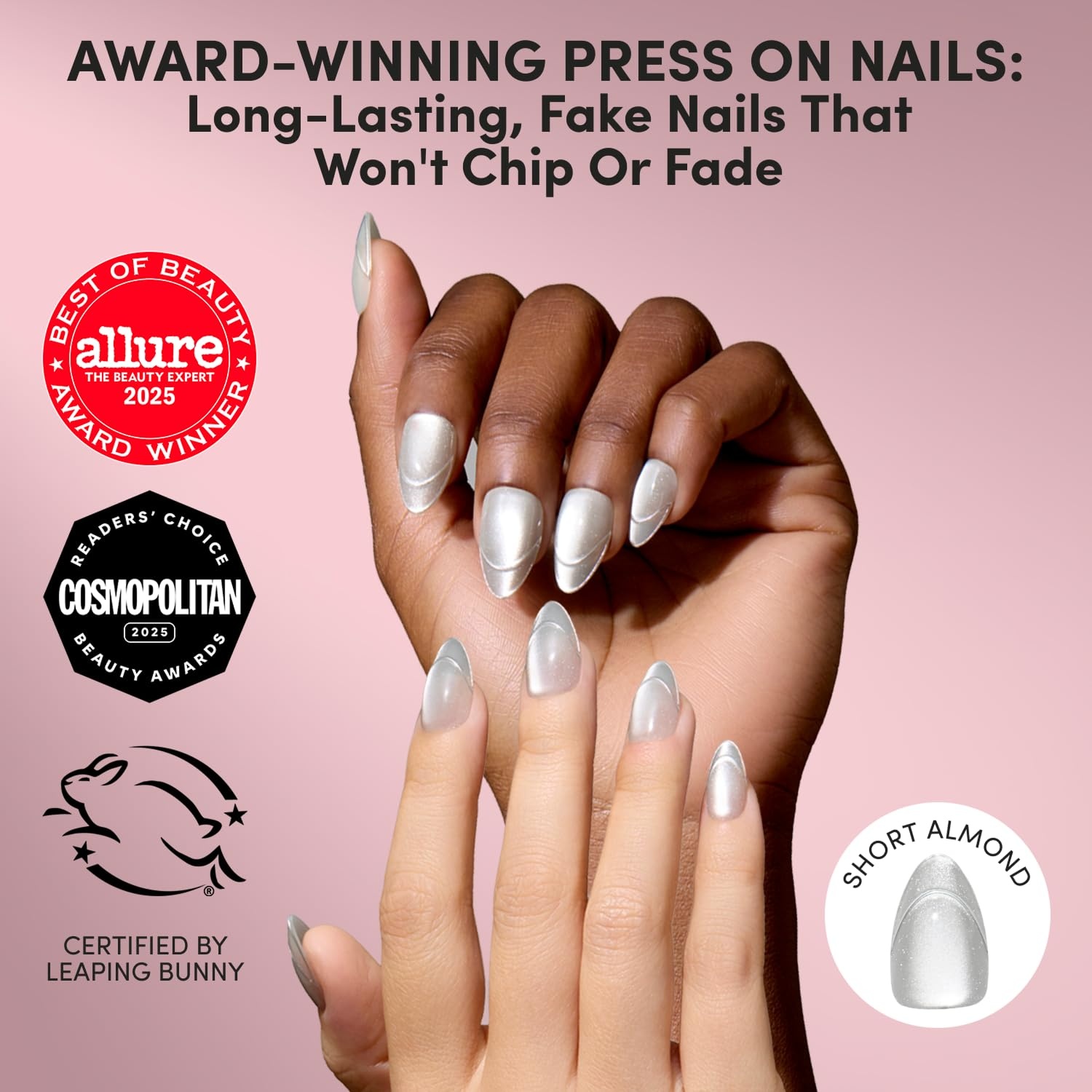 image:imageGlamnetic Press On Nails Short Oval Glazed Fake Nails 30 Pc Full KitHeavenly Metal Silver Foil French Tip