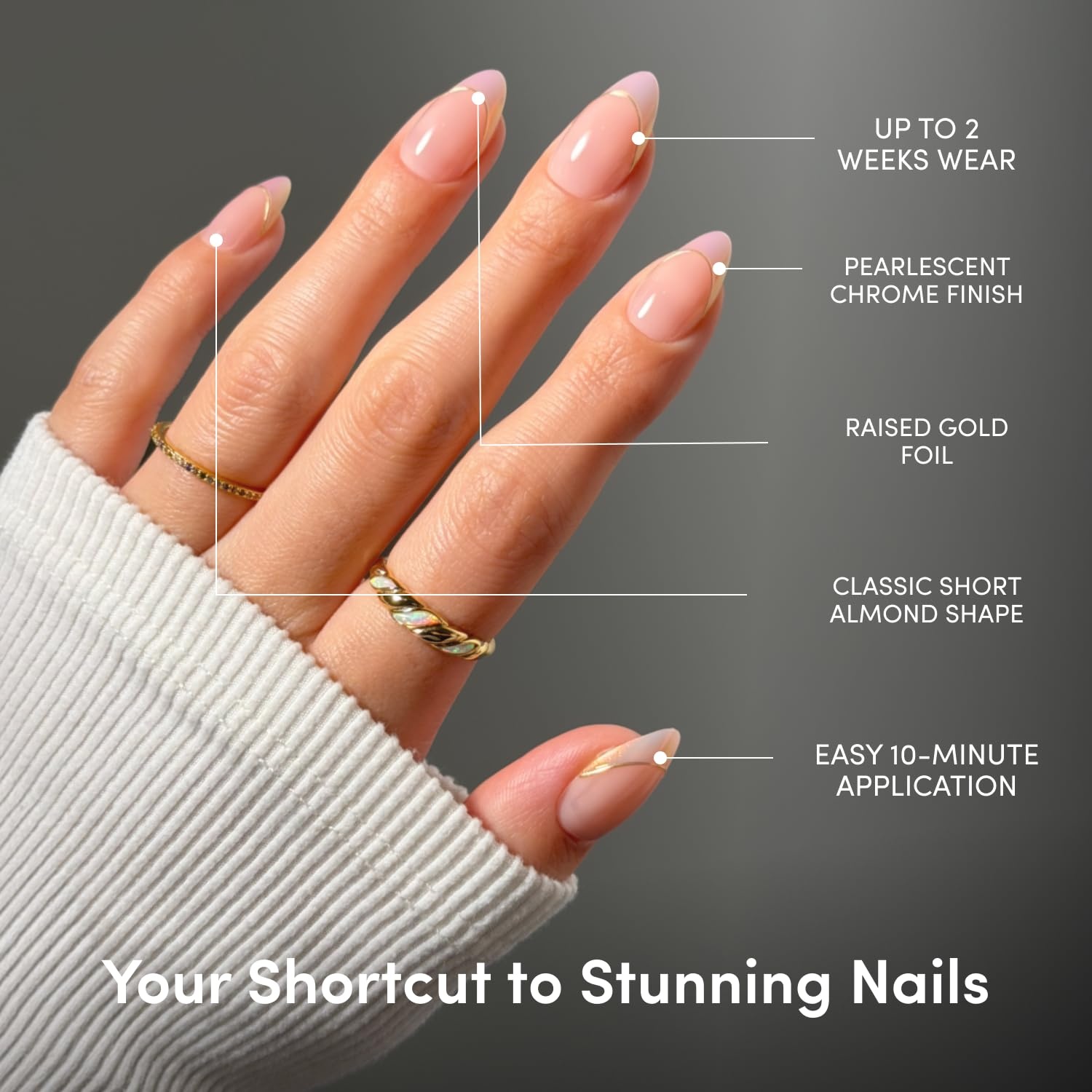 image:imageGlamnetic Press On Nails Short Oval Glazed Fake Nails 30 Pc Full KitHeavenly Touch Gold Foil French Tip