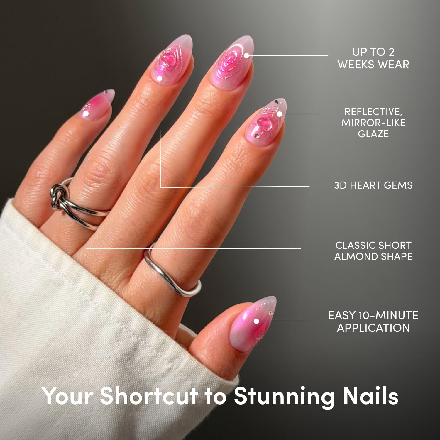 image:imageGlamnetic Press On Nails Short Oval Glazed Fake Nails 30 Pc Full KitLove Current Pink Aura 3D Hearts