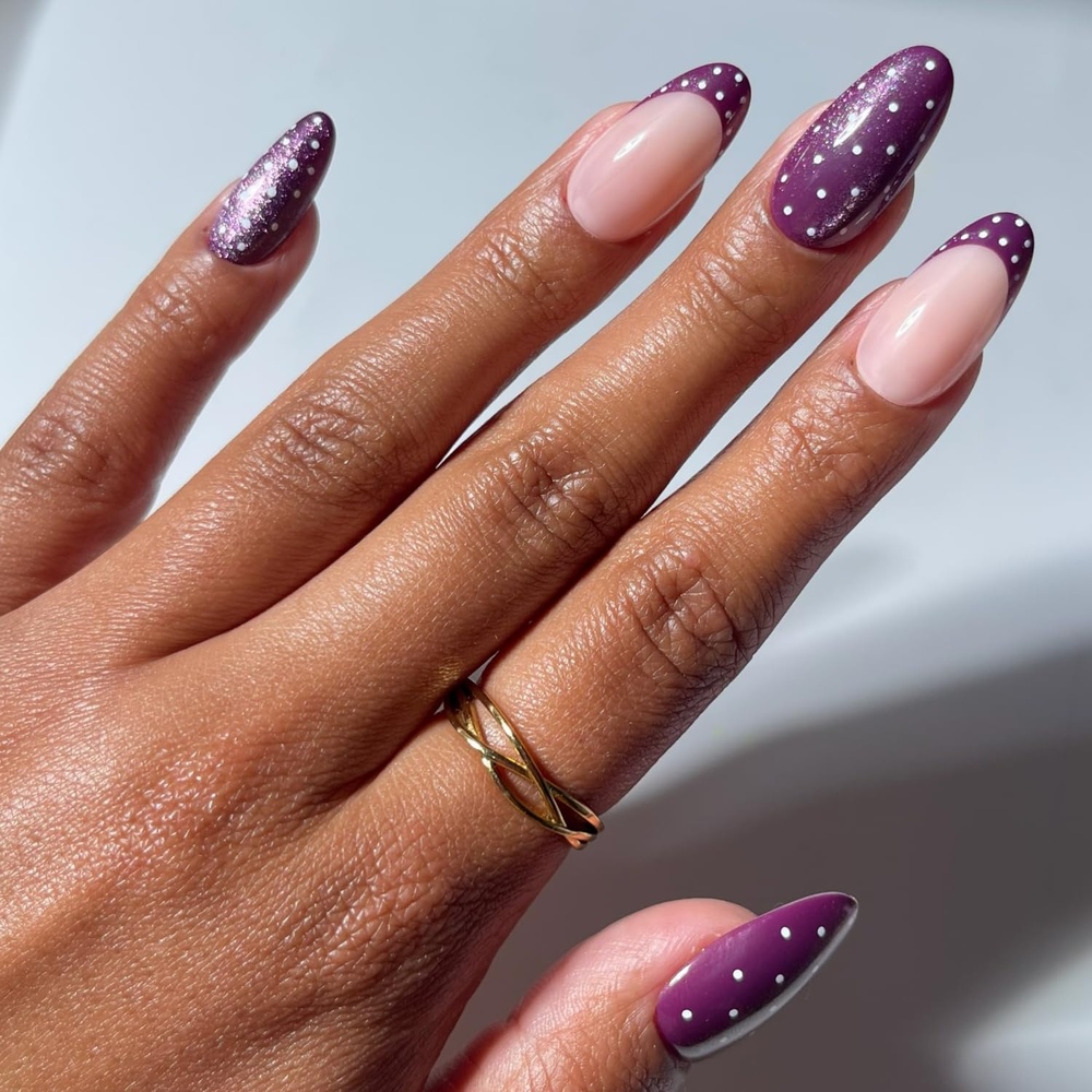 image:imageGlamnetic Press On Nails Short Oval Glazed Fake Nails 30 Pc Full KitDotted Mulberry Polka Dot French Tip
