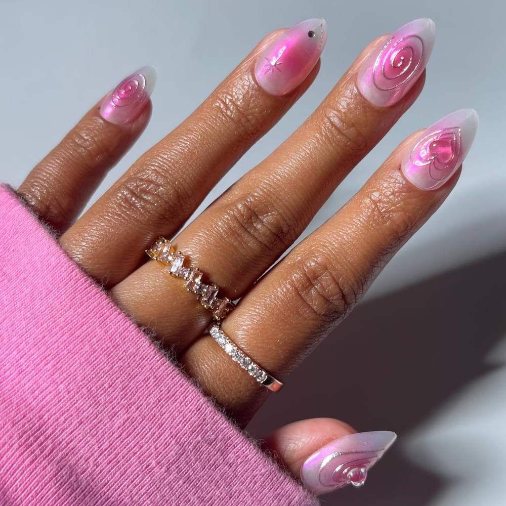 image:imageGlamnetic Press On Nails Short Oval Glazed Fake Nails 30 Pc Full KitLove Current Pink Aura 3D Hearts