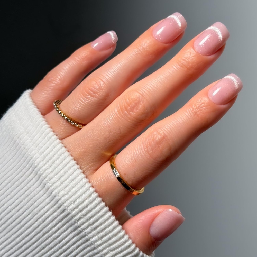 image:imageGlamnetic Press On Nails Short Oval Glazed Fake Nails 30 Pc Full KitPixie Dusted Light Pink CatEye French Tip