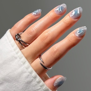 Glamnetic Press On Nails – Short Oval Glazed Fake Nails 30 Pc Full Kit(Cloud Dance – Light Blue Cat-Eye)