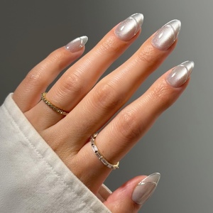 Glamnetic Press On Nails – Short Oval Glazed Fake Nails 30 Pc Full Kit(Heavenly Metal – Silver Foil French Tip)
