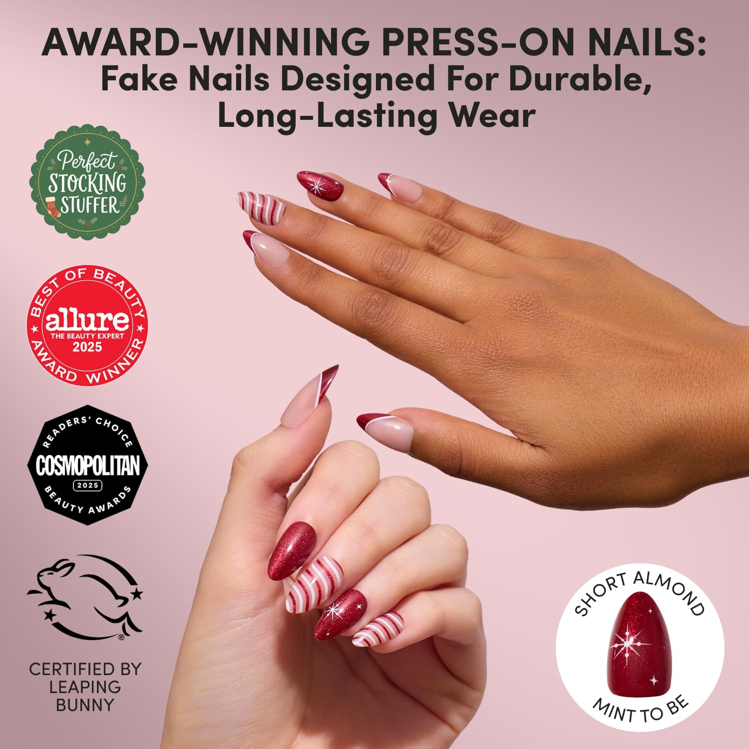 image:imageGlamnetic Holiday PressOn Nails Short Almond CatEye Silver StockingsMint to Be