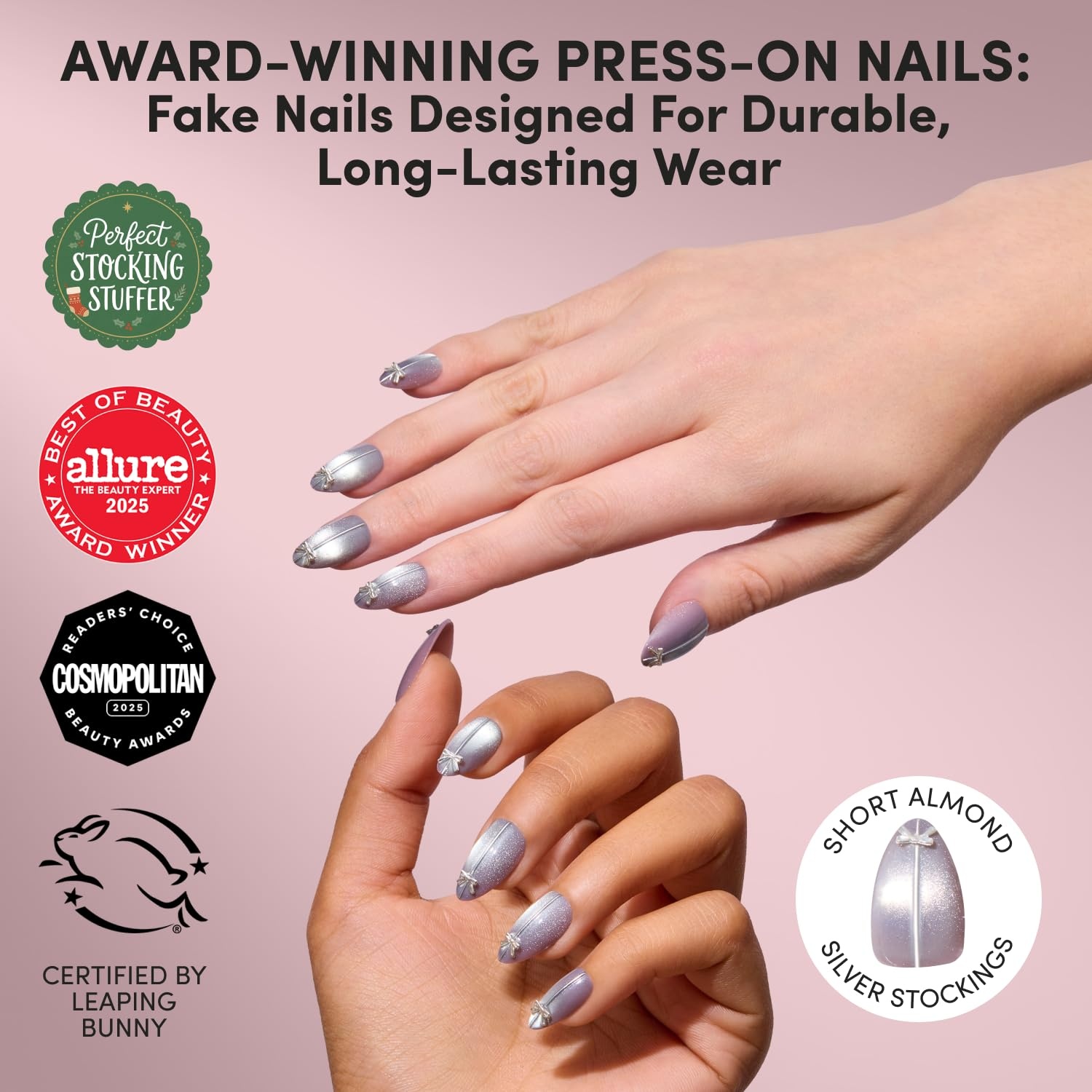 image:imageGlamnetic Holiday PressOn Nails Short Almond CatEye Silver StockingsSilver Stockings