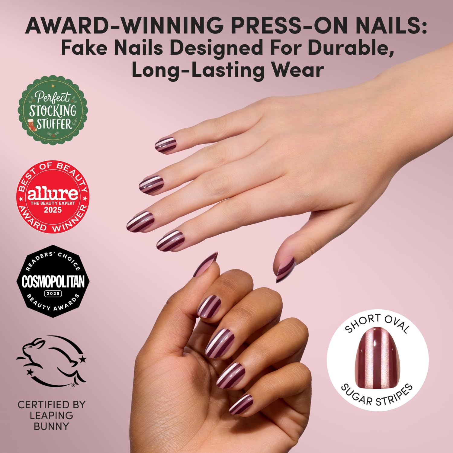 image:imageGlamnetic Holiday PressOn Nails Short Almond CatEye Silver StockingsSugar Stripes