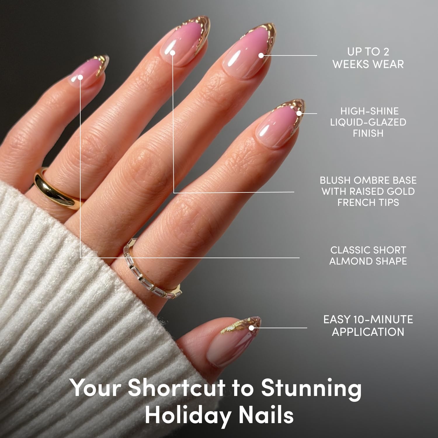 image:imageGlamnetic Holiday PressOn Nails Short Almond CatEye Silver StockingsTipped in Gold