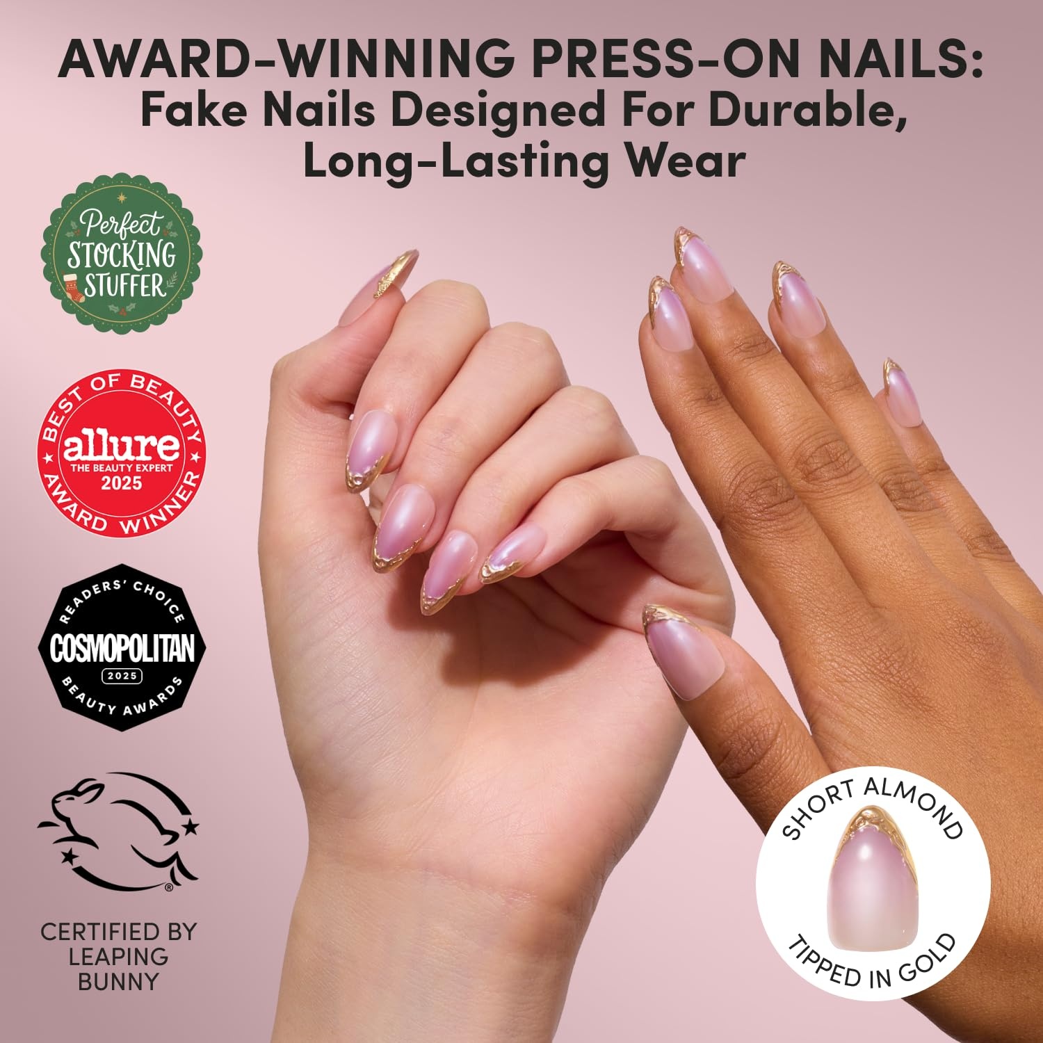 image:imageGlamnetic Holiday PressOn Nails Short Almond CatEye Silver StockingsTipped in Gold