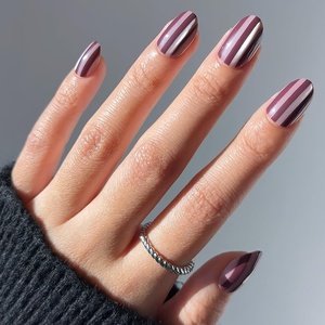 Glamnetic Holiday Press-On Nails, Short Almond Cat-Eye, Silver Stockings(Sugar Stripes)